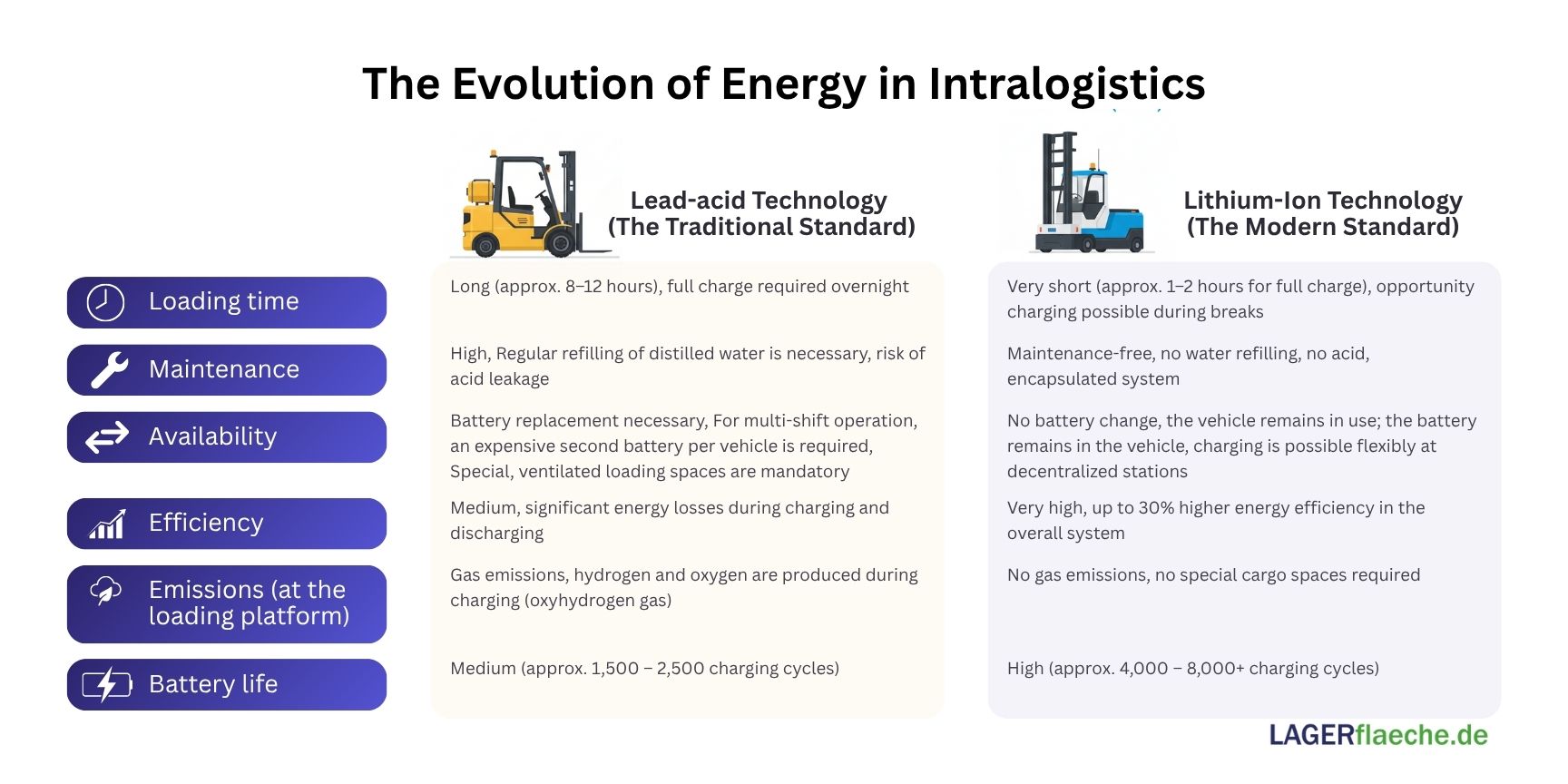 Infographic comparing lead-acid and lithium-ion battery technology for intralogistics, highlighting differences in charge time, maintenance, and efficiency.